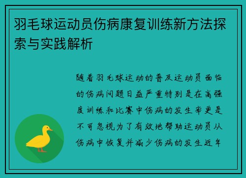 羽毛球运动员伤病康复训练新方法探索与实践解析 羽毛球运动员伤病康复训练新方法探索与实践解析