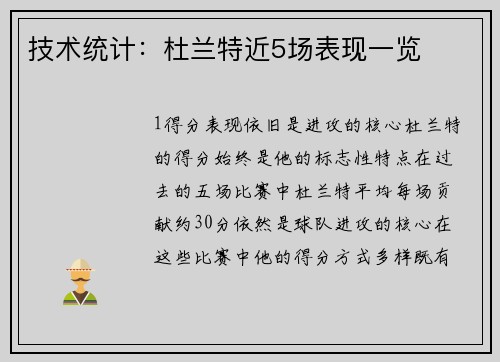 技术统计：杜兰特近5场表现一览